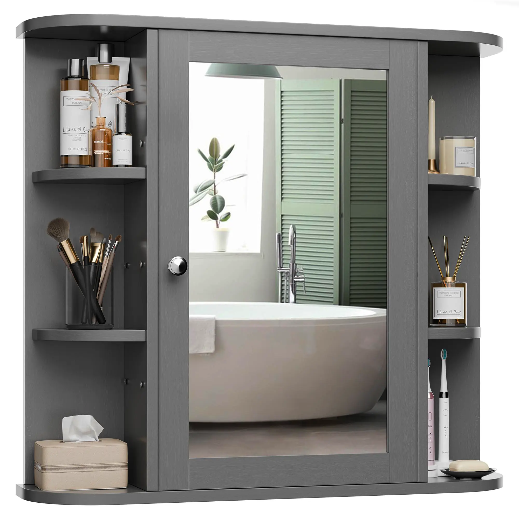Mueble de baño mural con puertas de espejo y 6 estantes abiertos ajustables.