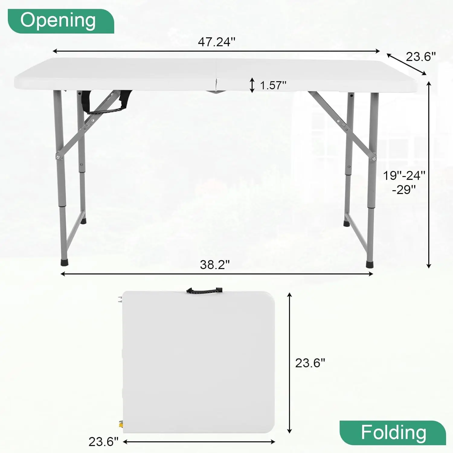 Mesa plegable de plástico para exteriores, ligera y duradera, de 76 cm/122 cm/183 cm, con asas, 11,6 kg, tablero impermeable, patas robustas y seis sillas incluidas.