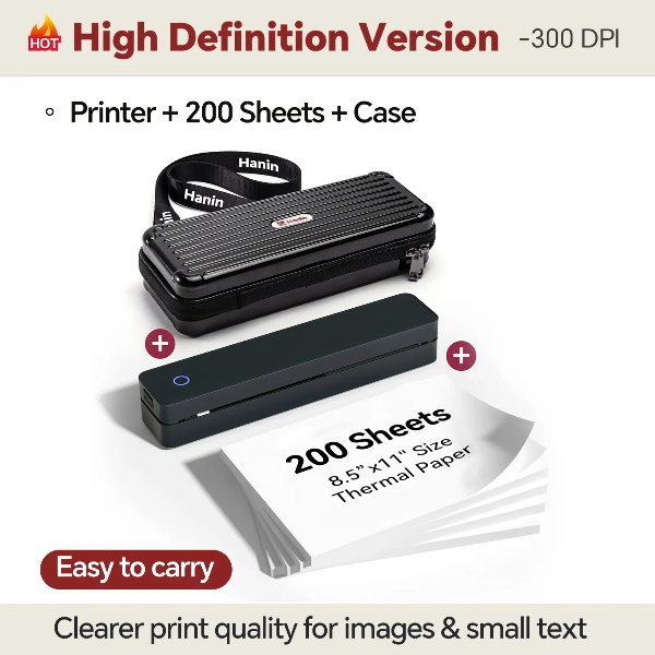 Impresora térmica inalámbrica portátil: admite papel tamaño carta estadounidense de 8,5" x 11" y papel térmico A4; impresora de documentos Bluetooth sin tinta.