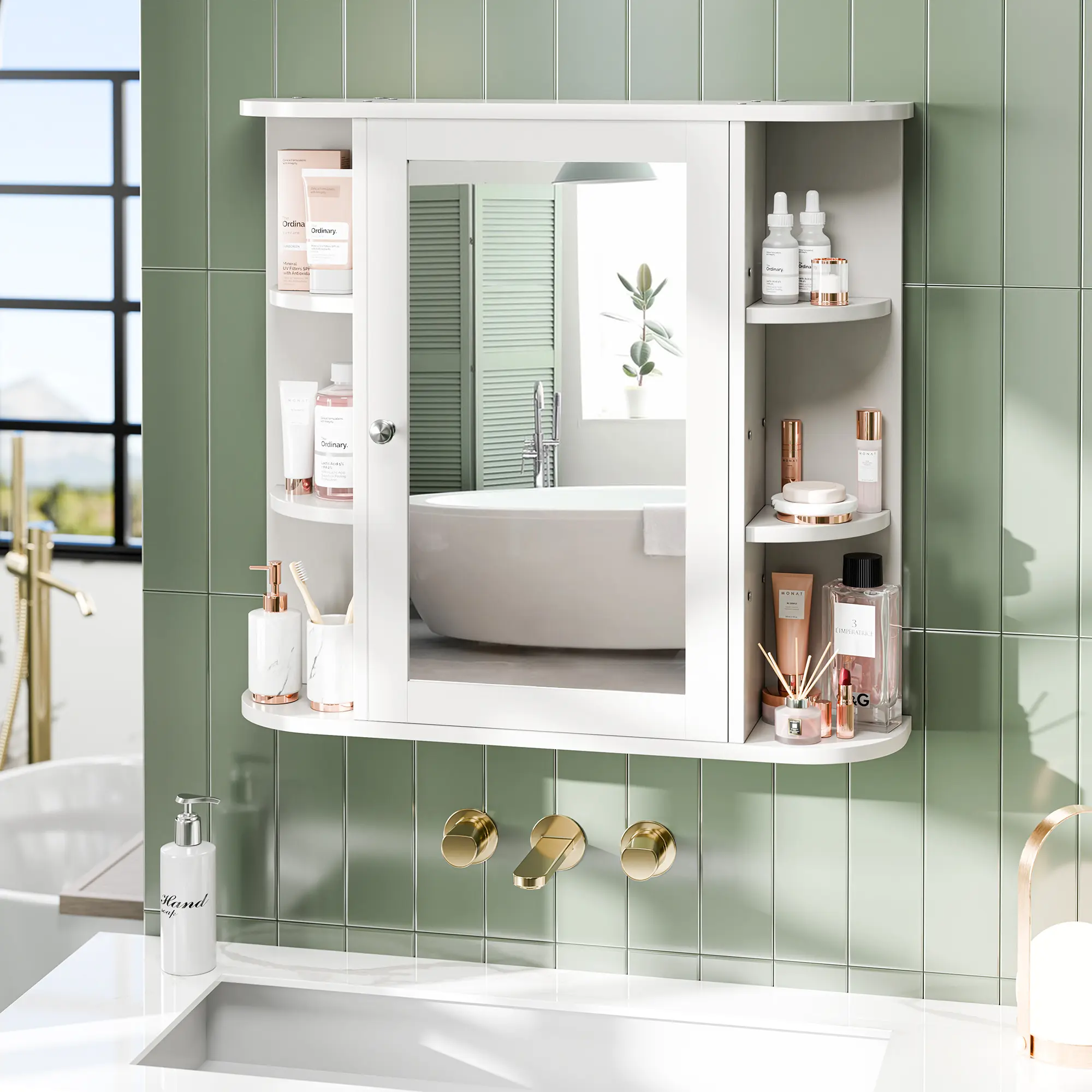 Mueble de baño mural con puertas de espejo y 6 estantes abiertos ajustables.