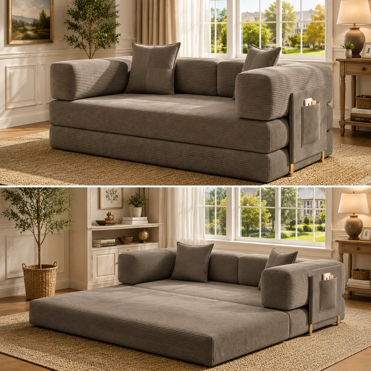Sofá cama convertible de pana de 78,8 pulgadas, sin estructura, que no requiere montaje e incluye bolsas de almacenamiento.