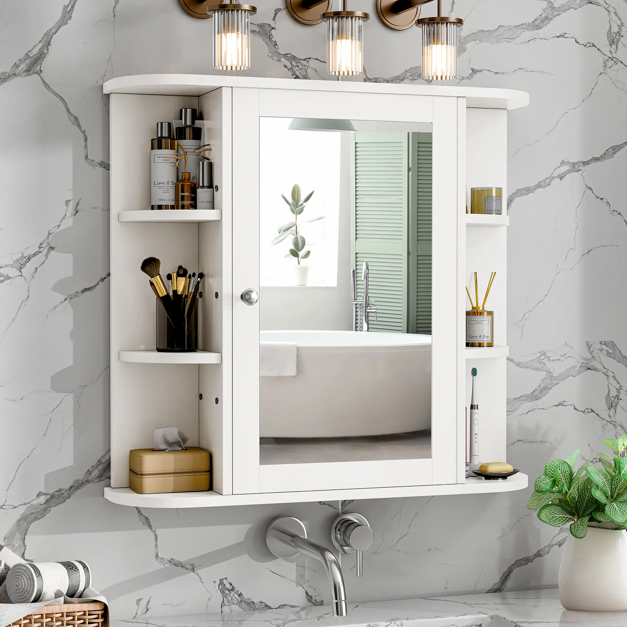 Mueble de baño mural con puertas de espejo y 6 estantes abiertos ajustables.
