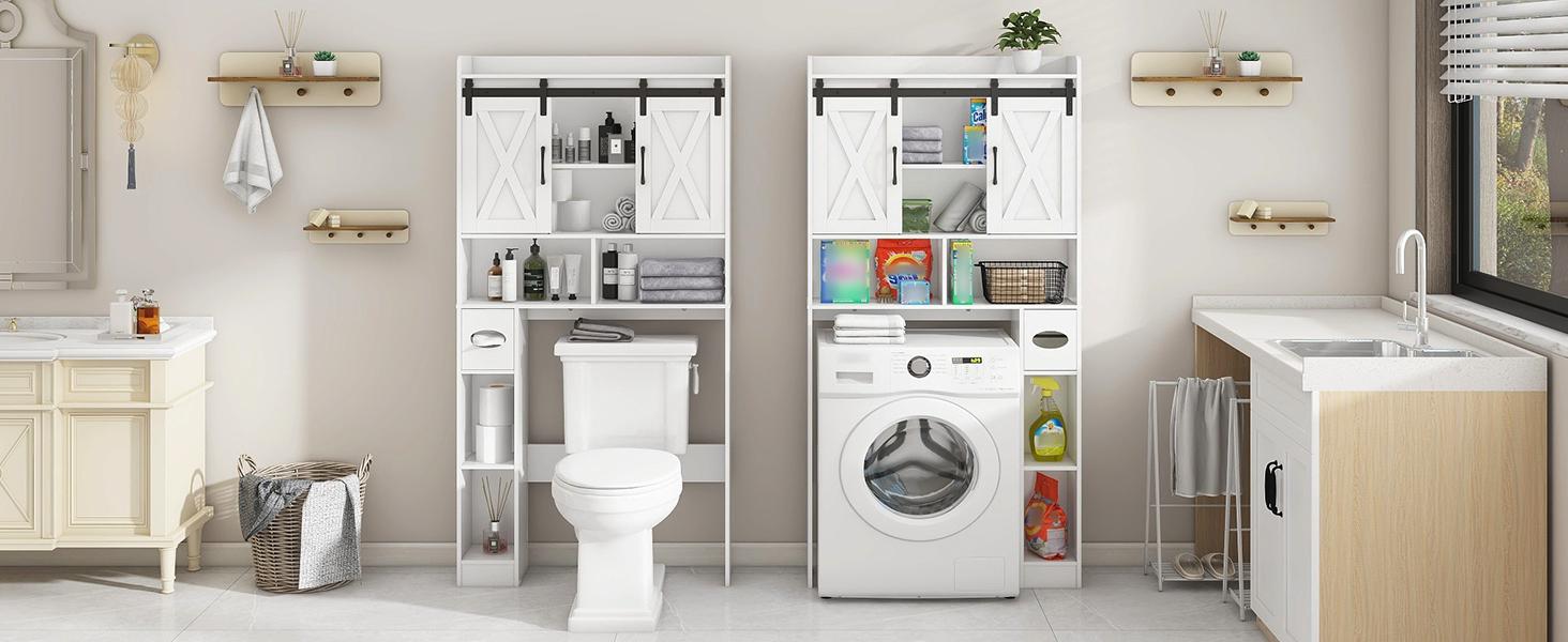[Summergarden] Vabches Engineered Wood Over-The-Toilet Storage Cabinet - Sliding Barns Doors, Neutral Grain Rectangular Form, Farmhouse Bathroom Space Saver for Bathroom Organization, Small Laundry Room,dorm essentials,home decor