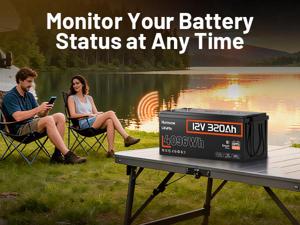 HumsiENK 12V 320Ah LiFePO4 Bluetooth Battery, Deep Cycles, Lithium lron Phosphate Battery, Built-in 250A BMS with Low-Temp Protection for RV, Marine, Trolling Motors