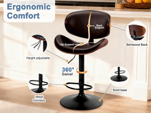 Bar Stools Set of 2 for Kitchen Counter, Adjustable Bentwood Barstools, Modern PU Leather Upholstered Bar Chair with Back and Footrest, for Bar, Kitchen, Dining Room Bar Stools Set of 2 for Kitchen Counter, Adjustable Bentwood Barstools, Modern PU Leather Upholstered Bar Chair with Back and Footrest, for Bar, Kitchen, Dining Room