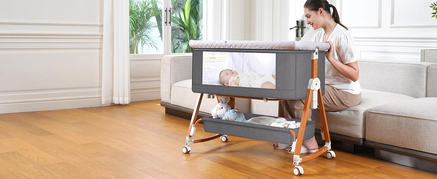Baby Bassinet Sleeper, 6 Height Adjustable Cribs, Easy to Fold Portable Crib Side Bassinet, Swing Cradle Bed Side Sleeper with Ventilated Net&Wheels Summer Sale