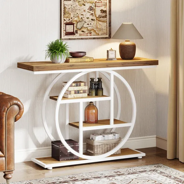 Mesa consola Industrial de 4 niveles, 105x30 cm, mesa de entrada con Base Circular, mesas de acento de madera estrechas, con estantes para sala de estar, pasillo, vestíbulo