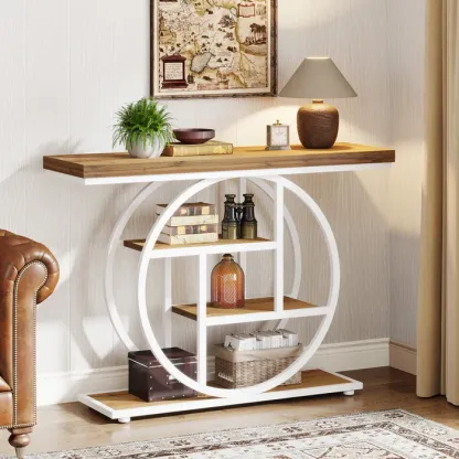 Mesa consola Industrial de 4 niveles, 105x30 cm, mesa de entrada con Base Circular, mesas de acento de madera estrechas, con estantes para sala de estar, pasillo, vestíbulo