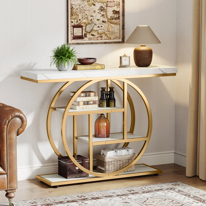 Mesa consola Industrial de 4 niveles, 105x30 cm, mesa de entrada con Base Circular, mesas de acento de madera estrechas, con estantes para sala de estar, pasillo, vestíbulo