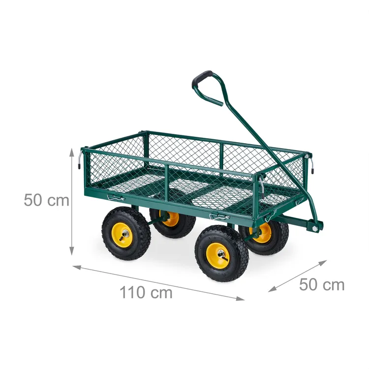 Carro de jardín versátil con capacidad de carga de 408 kg para transportar tierra y grava. Carro con laterales de malla y plataforma plana con ruedas metálicas giratorias.