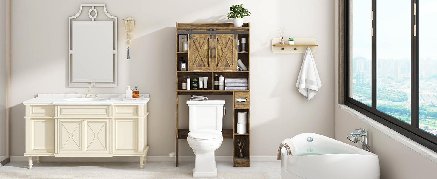 [Summergarden] Vabches Engineered Wood Over-The-Toilet Storage Cabinet - Sliding Barns Doors, Neutral Grain Rectangular Form, Farmhouse Bathroom Space Saver for Bathroom Organization, Small Laundry Room,dorm essentials,home decor