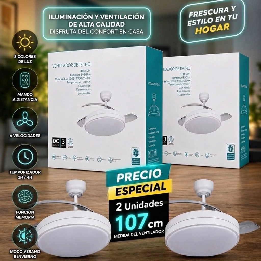 PACK 2 UNIDADES-Ventilador de techo LED con luces (conjunto de dos piezas), 107 cm de diámetro (con las aspas extendidas), luz LED de 60 vatios, motor de 30 vatios, incluye control remoto; admite modos duales de invierno y verano, temporizador, modo brisa