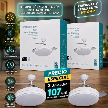 PACK 2 UNIDADES-Ventilador de techo LED con luces (conjunto de dos piezas), 107 cm de diámetro (con las aspas extendidas), luz LED de 60 vatios, motor de 30 vatios, incluye control remoto; admite modos duales de invierno y verano, temporizador, modo brisa
