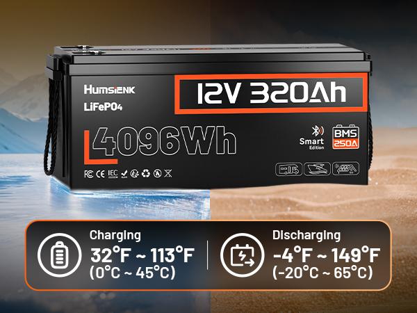 HumsiENK 12V 320Ah LiFePO4 Bluetooth Battery, Deep Cycles, Lithium lron Phosphate Battery, Built-in 250A BMS with Low-Temp Protection for RV, Marine, Trolling Motors