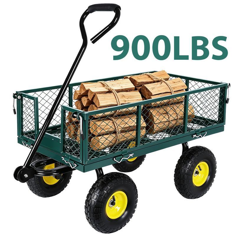 Carro de jardín versátil con capacidad de carga de 408 kg para transportar tierra y grava. Carro con laterales de malla y plataforma plana con ruedas metálicas giratorias.
