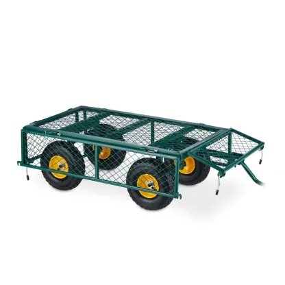 Carro de jardín versátil con capacidad de carga de 408 kg para transportar tierra y grava. Carro con laterales de malla y plataforma plana con ruedas metálicas giratorias.