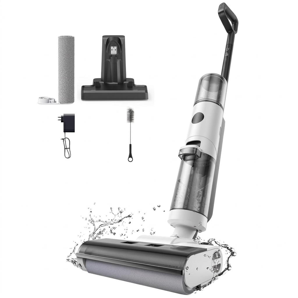 Aspiradora inalámbrica para sólidos y líquidos: fregadora de suelos inalámbrica para sólidos y líquidos, compatible con limpieza de bordes de 6 mm, autolimpiante, depósito de agua de 850 ml y función antienredos, adecuada para suelos duros y para limpiar 