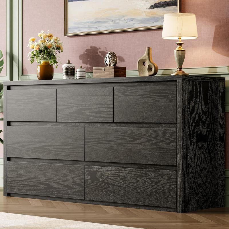 Cómoda de 7 cajones para dormitorio, amplio baúl de madera sin tiradores, moderno armario de almacenamiento para sala de estar o recibidor.
