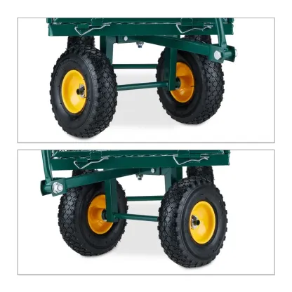 Carro de jardín versátil con capacidad de carga de 408 kg para transportar tierra y grava. Carro con laterales de malla y plataforma plana con ruedas metálicas giratorias.