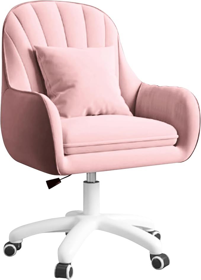 Silla giratoria para oficina en casa, silla de trabajo acolchada de terciopelo con ajuste de al., tocador con ruedas y cojín, silla de acento moderna con respaldo medio para dormitorio y sala de lectura, beige