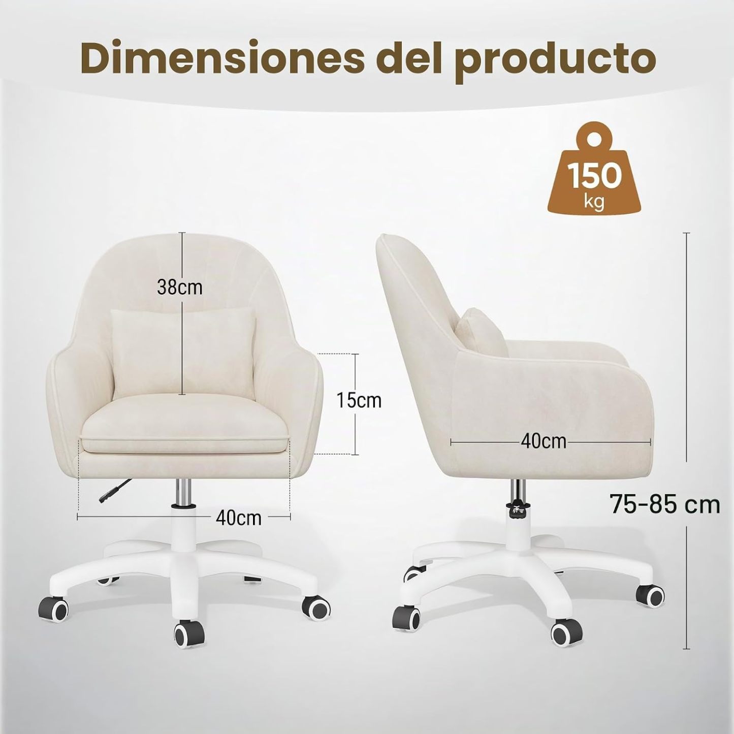 Silla giratoria para oficina en casa, silla de trabajo acolchada de terciopelo con ajuste de al., tocador con ruedas y cojín, silla de acento moderna con respaldo medio para dormitorio y sala de lectura, beige