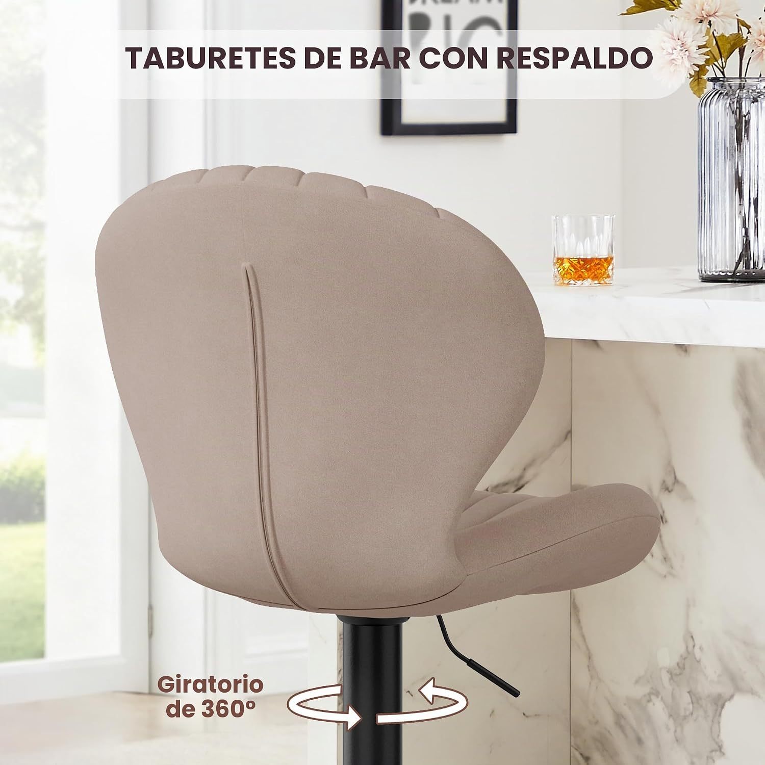 Set de 2 taburetes de bar modernos giratorios, con respaldo alto, montaje fácil en 3–5 minutos para barra, cocina y comedor, color beige