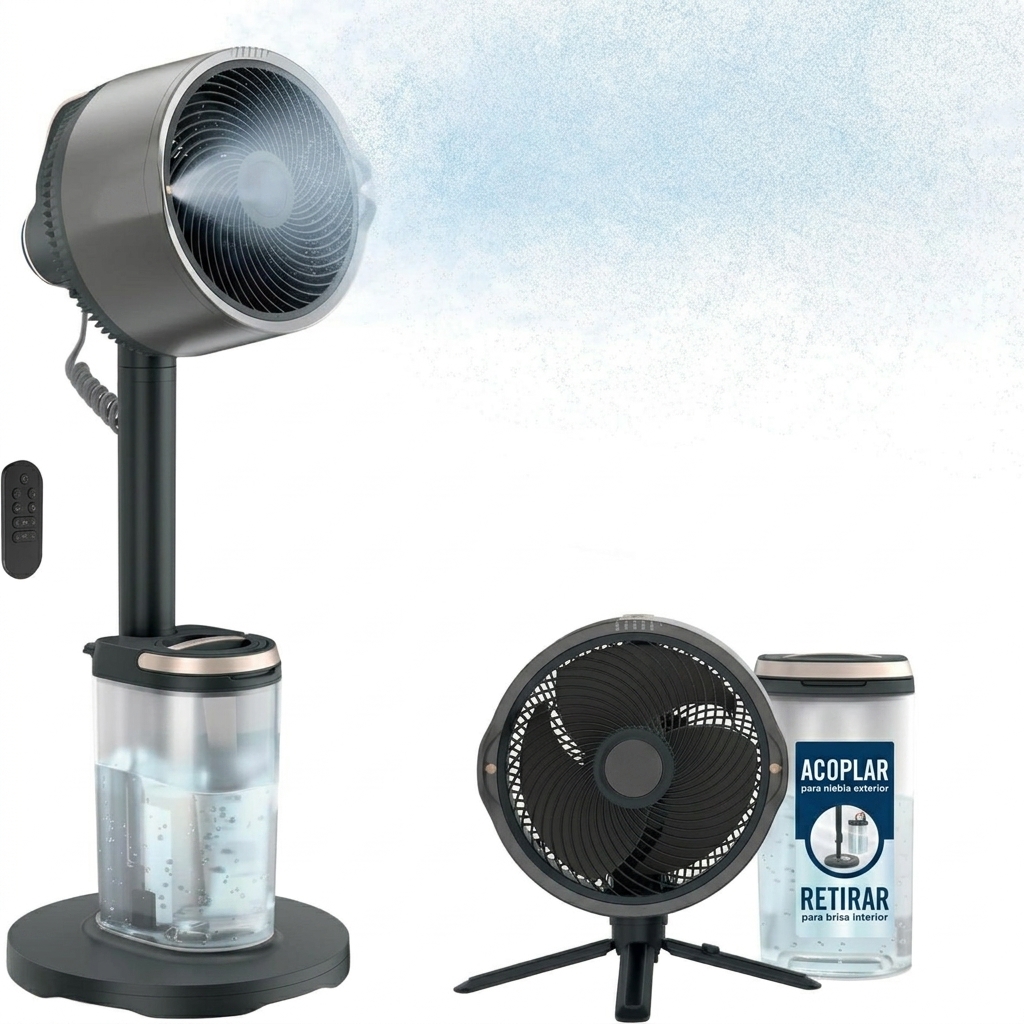 Ventilador inalámbrico para interiores y exteriores con sistema de nebulización al aire libre, alcance de enfriamiento de 20 m, tiempo de funcionamiento de 24 horas