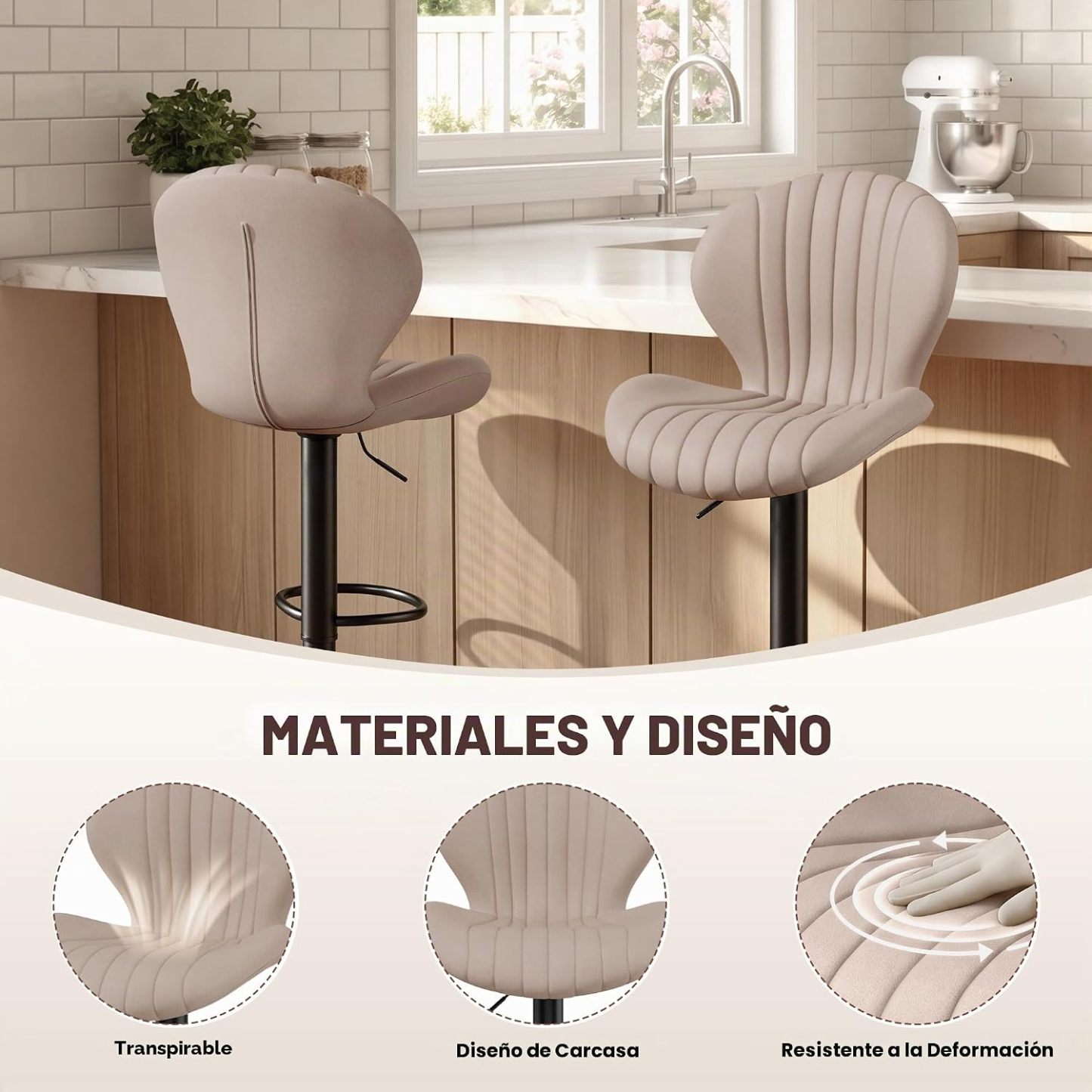 Set de 2 taburetes de bar modernos giratorios, con respaldo alto, montaje fácil en 3–5 minutos para barra, cocina y comedor, color beige