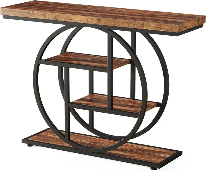 Mesa consola Industrial de 4 niveles, 105x30 cm, mesa de entrada con Base Circular, mesas de acento de madera estrechas, con estantes para sala de estar, pasillo, vestíbulo