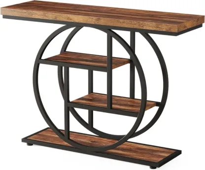 Mesa consola Industrial de 4 niveles, 105x30 cm, mesa de entrada con Base Circular, mesas de acento de madera estrechas, con estantes para sala de estar, pasillo, vestíbulo