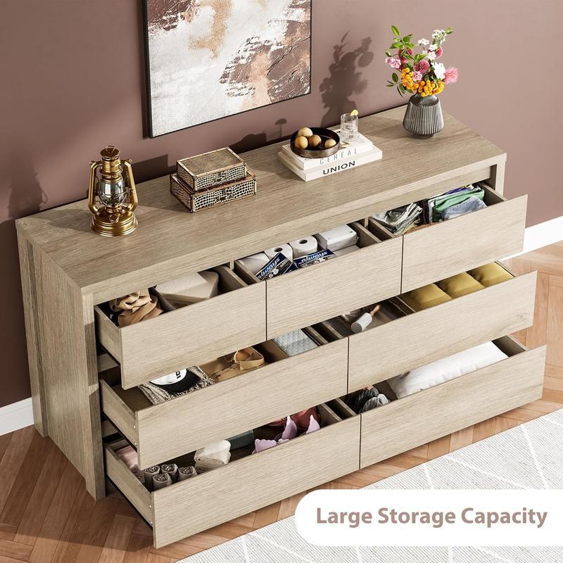 Cómoda de 7 cajones para dormitorio, amplio baúl de madera sin tiradores, moderno armario de almacenamiento para sala de estar o recibidor.