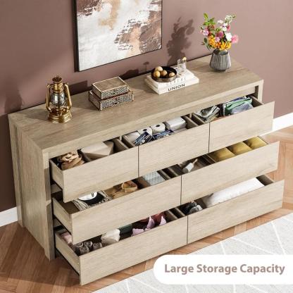 Cómoda de 7 cajones para dormitorio, amplio baúl de madera sin tiradores, moderno armario de almacenamiento para sala de estar o recibidor.