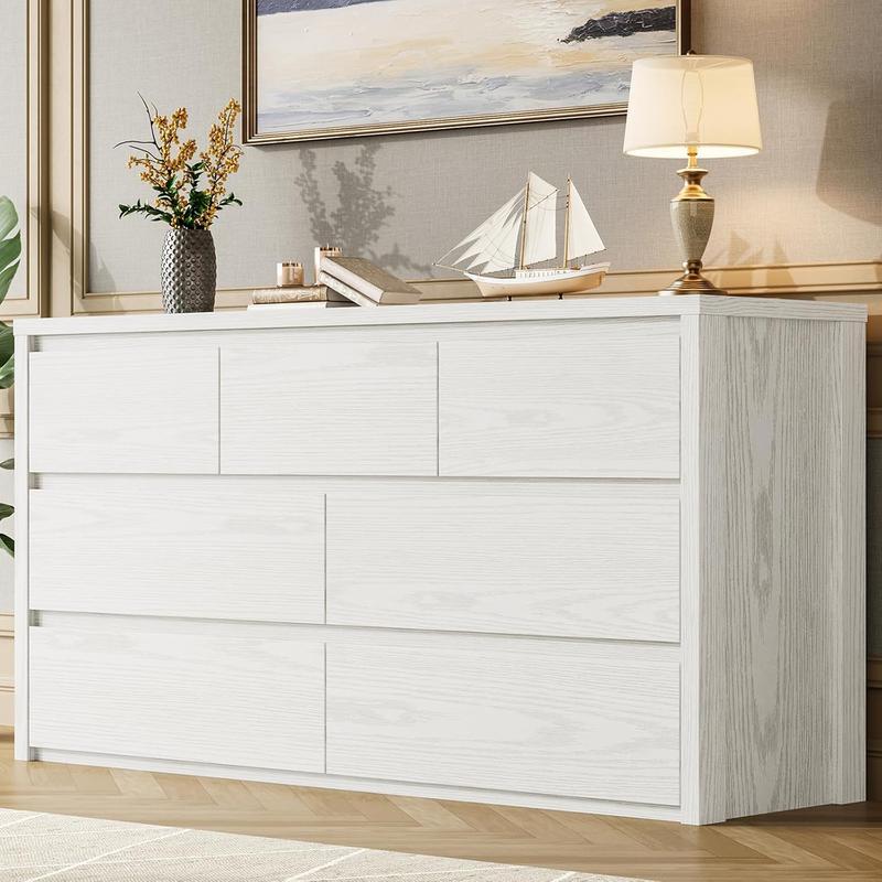 Cómoda de 7 cajones para dormitorio, amplio baúl de madera sin tiradores, moderno armario de almacenamiento para sala de estar o recibidor.