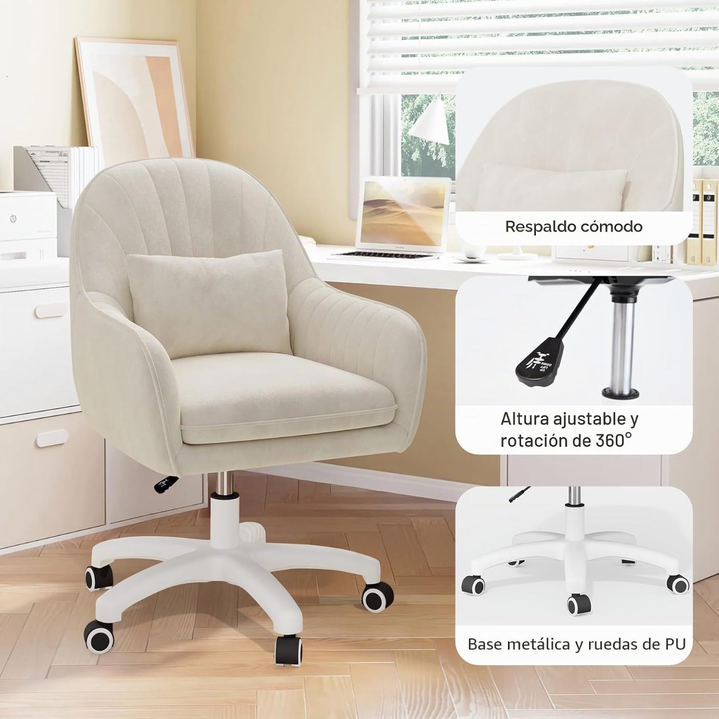 Silla giratoria para oficina en casa, silla de trabajo acolchada de terciopelo con ajuste de al., tocador con ruedas y cojín, silla de acento moderna con respaldo medio para dormitorio y sala de lectura, beige