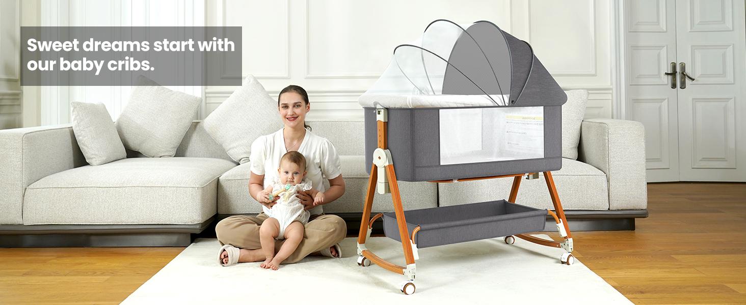 Baby Bassinet Sleeper, 6 Height Adjustable Cribs, Easy to Fold Portable Crib Side Bassinet, Swing Cradle Bed Side Sleeper with Ventilated Net&Wheels Summer Sale