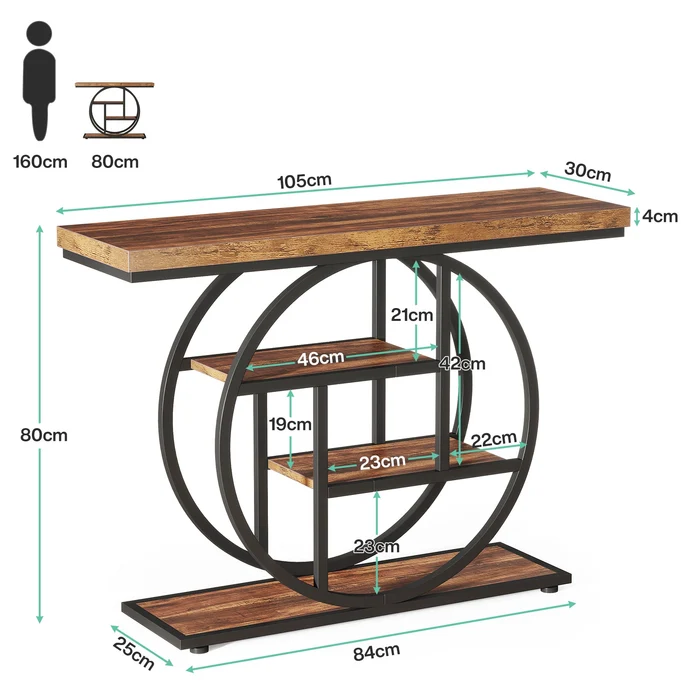 Mesa consola Industrial de 4 niveles, 105x30 cm, mesa de entrada con Base Circular, mesas de acento de madera estrechas, con estantes para sala de estar, pasillo, vestíbulo