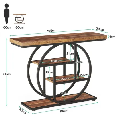 Mesa consola Industrial de 4 niveles, 105x30 cm, mesa de entrada con Base Circular, mesas de acento de madera estrechas, con estantes para sala de estar, pasillo, vestíbulo