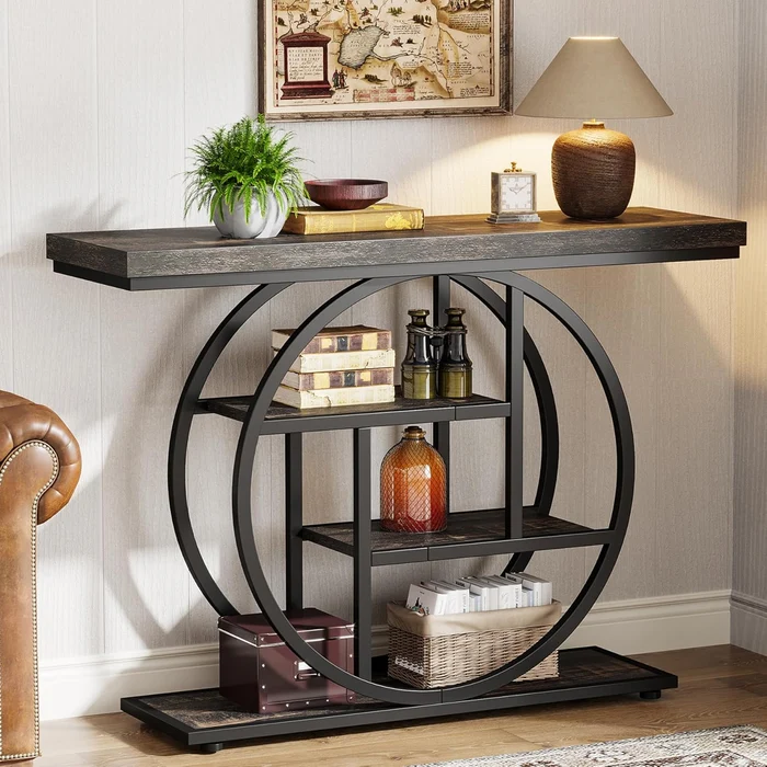 Mesa consola Industrial de 4 niveles, 105x30 cm, mesa de entrada con Base Circular, mesas de acento de madera estrechas, con estantes para sala de estar, pasillo, vestíbulo