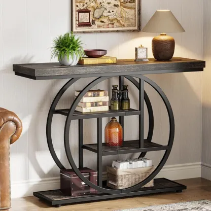 Mesa consola Industrial de 4 niveles, 105x30 cm, mesa de entrada con Base Circular, mesas de acento de madera estrechas, con estantes para sala de estar, pasillo, vestíbulo