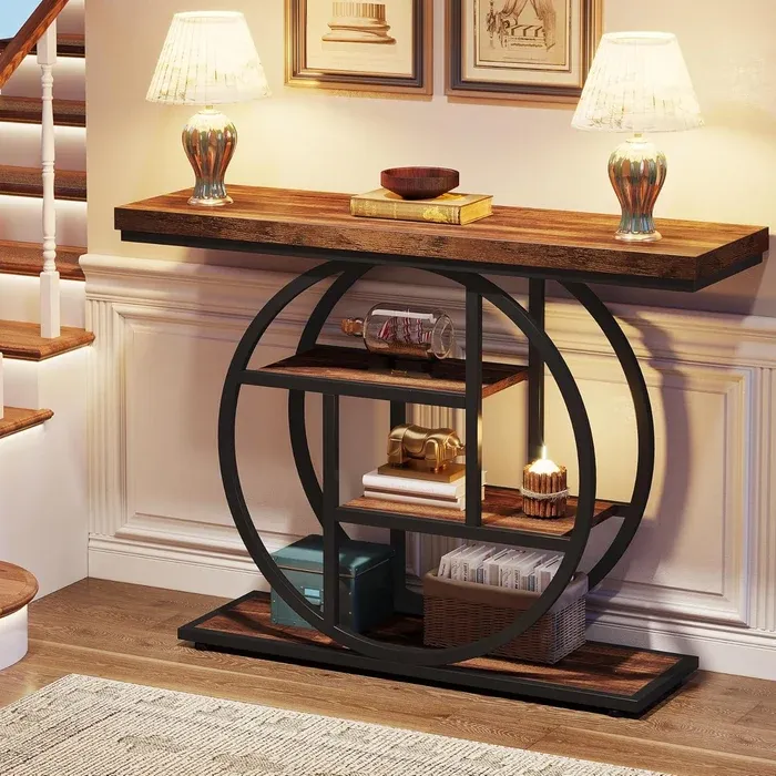Mesa consola Industrial de 4 niveles, 105x30 cm, mesa de entrada con Base Circular, mesas de acento de madera estrechas, con estantes para sala de estar, pasillo, vestíbulo