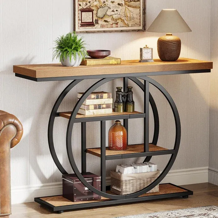 Mesa consola Industrial de 4 niveles, 105x30 cm, mesa de entrada con Base Circular, mesas de acento de madera estrechas, con estantes para sala de estar, pasillo, vestíbulo