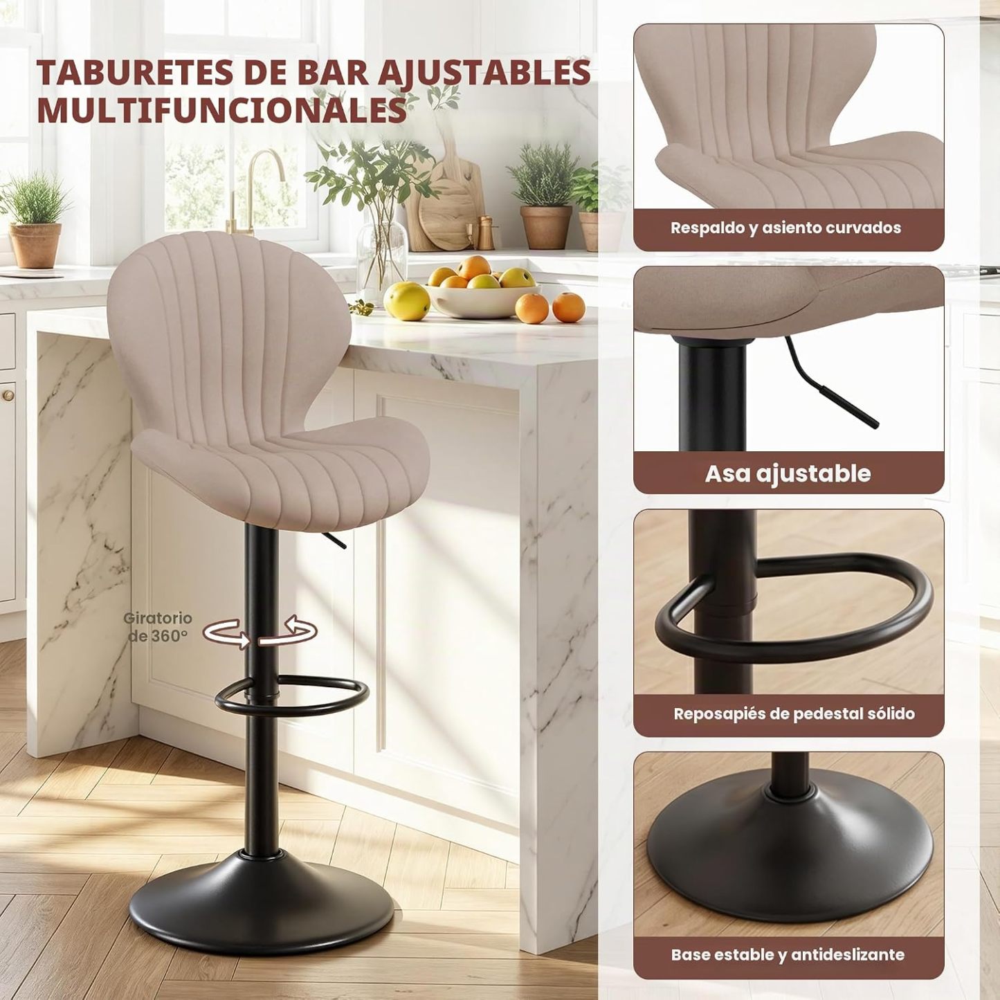Set de 2 taburetes de bar modernos giratorios, con respaldo alto, montaje fácil en 3–5 minutos para barra, cocina y comedor, color beige