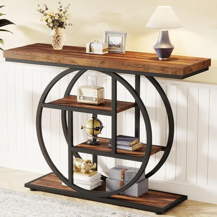 Mesa consola Industrial de 4 niveles, 105x30 cm, mesa de entrada con Base Circular, mesas de acento de madera estrechas, con estantes para sala de estar, pasillo, vestíbulo