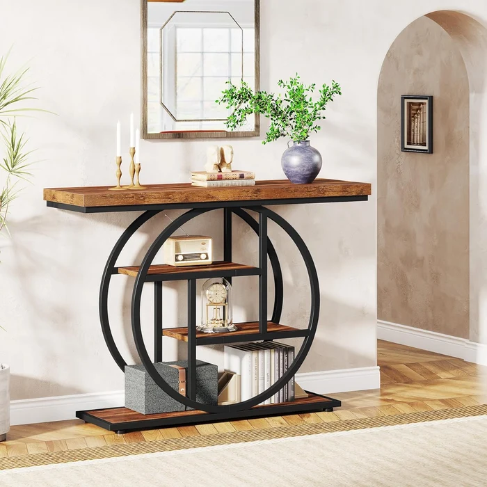 Mesa consola Industrial de 4 niveles, 105x30 cm, mesa de entrada con Base Circular, mesas de acento de madera estrechas, con estantes para sala de estar, pasillo, vestíbulo