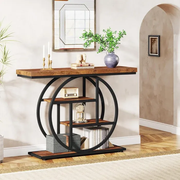 Mesa consola Industrial de 4 niveles, 105x30 cm, mesa de entrada con Base Circular, mesas de acento de madera estrechas, con estantes para sala de estar, pasillo, vestíbulo