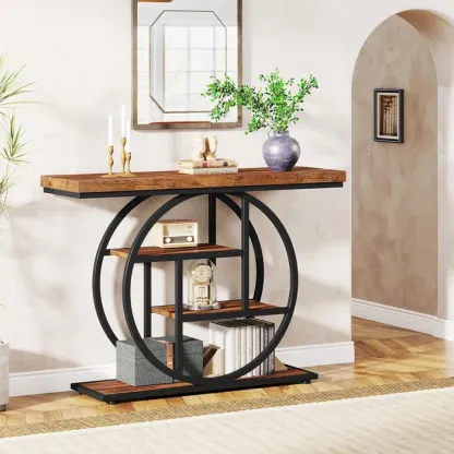 Mesa consola Industrial de 4 niveles, 105x30 cm, mesa de entrada con Base Circular, mesas de acento de madera estrechas, con estantes para sala de estar, pasillo, vestíbulo