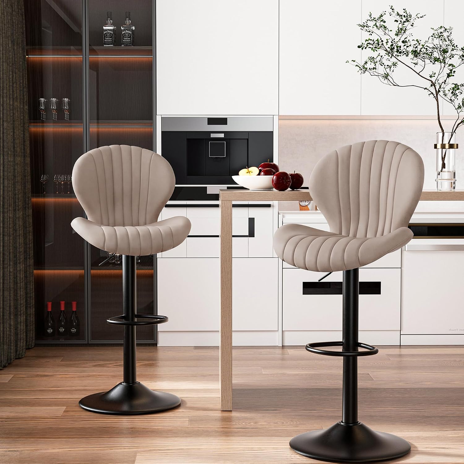 Set de 2 taburetes de bar modernos giratorios, con respaldo alto, montaje fácil en 3–5 minutos para barra, cocina y comedor, color beige