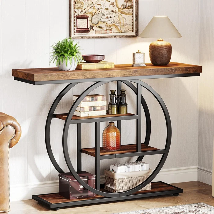 Mesa consola Industrial de 4 niveles, 105x30 cm, mesa de entrada con Base Circular, mesas de acento de madera estrechas, con estantes para sala de estar, pasillo, vestíbulo