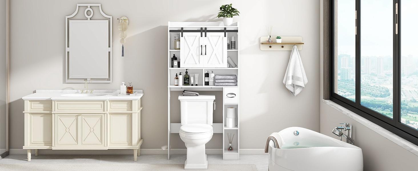 [Summergarden] Vabches Engineered Wood Over-The-Toilet Storage Cabinet - Sliding Barns Doors, Neutral Grain Rectangular Form, Farmhouse Bathroom Space Saver for Bathroom Organization, Small Laundry Room,dorm essentials,home decor