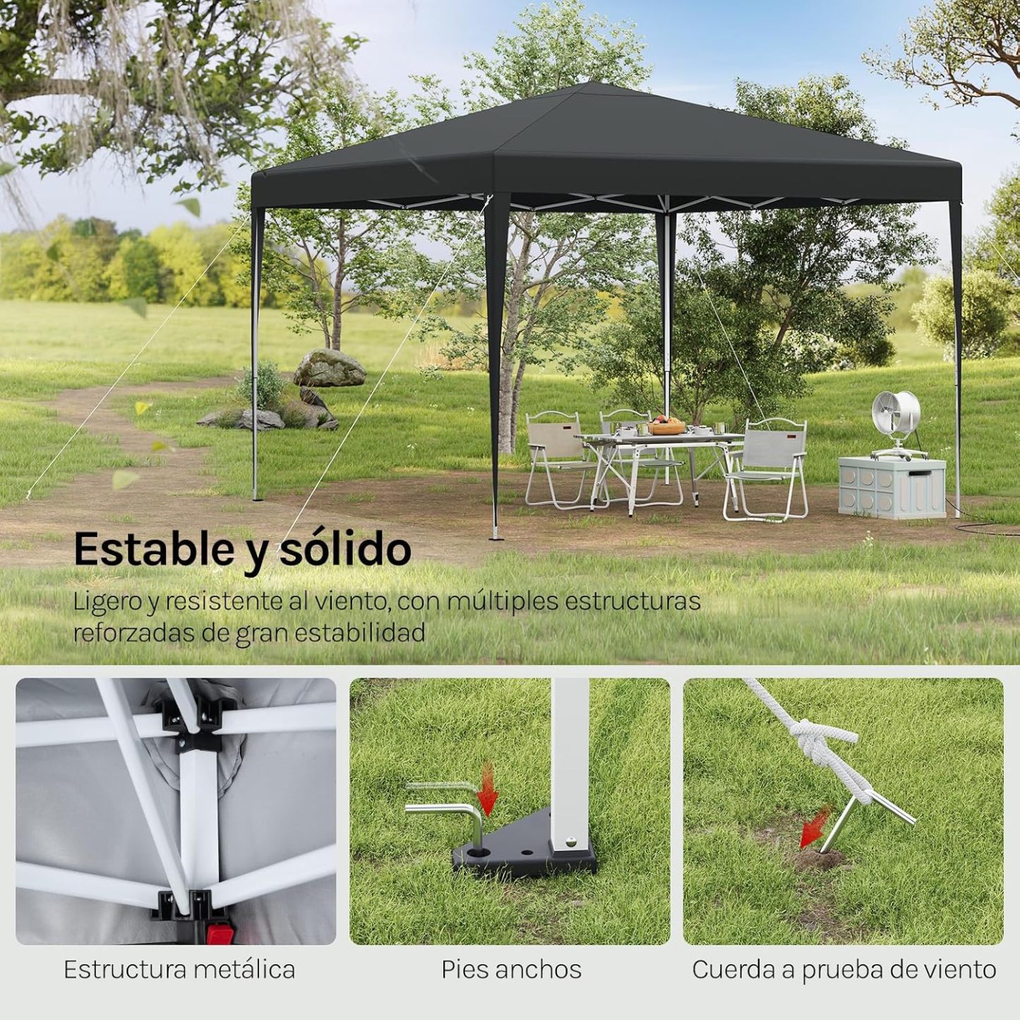 Carpa plegable instantánea de 3x3 m, impermeable, con protección UPF 50+, con 3 alturas ajustables, resistente al viento, portátil, ideal para camping, playa y picnic.